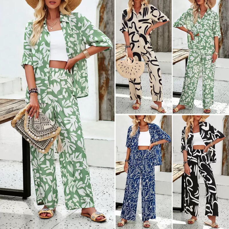 Spring/Summer 2025 Amazon Cross-border European and American Women's Clothing Bohemian Vacation Casual Printed Shirt Pants suit