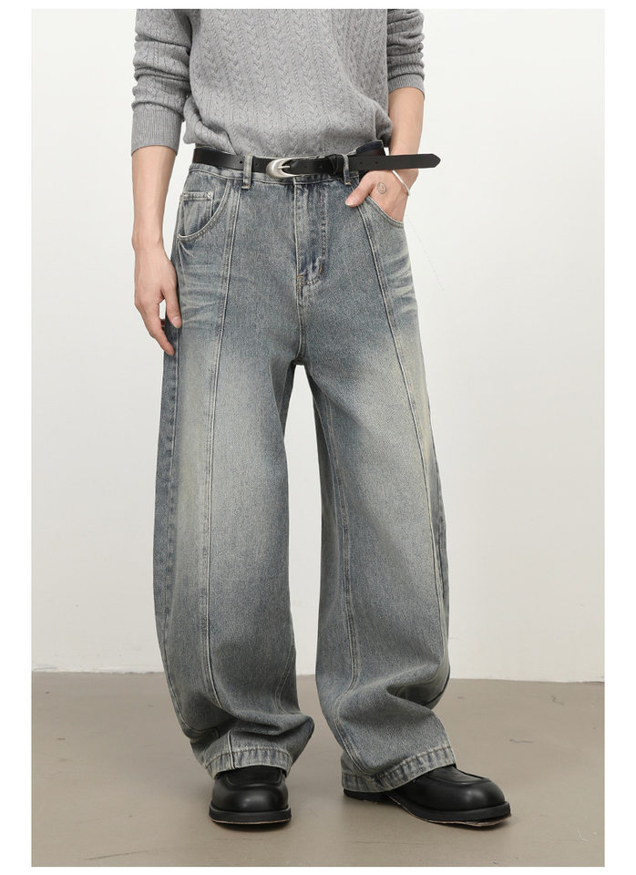 Quần jean nam ống rộng lưng giữa, dáng suông thẳng, denim mềm phong cách retro — màu xanh chi tiết 5