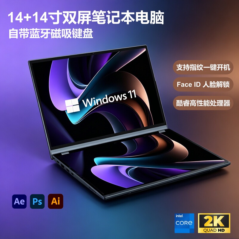 2026 New Model 14+ 14inch Dual-Screen Laptop with Intel Core I7-1270P for Office Design, Editing, and Programming