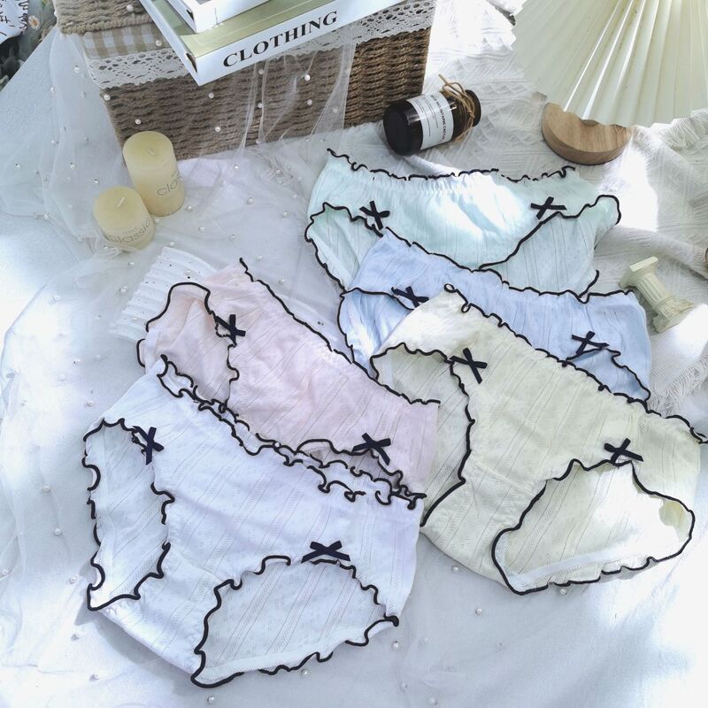 Sweet cute cotton women's underwear hollow jacquard girl contrast color ruffled bow sexy briefs