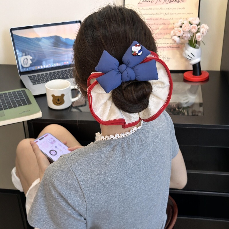 新到款~韩国高颜值夏日小清新蓝色充棉蝴蝶结Kitty大肠发圈发饰女|undefined