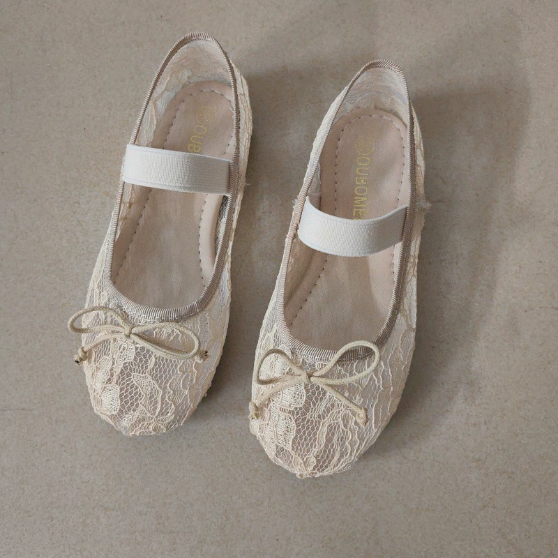 2025 новый испанский белый кружевной с полыми балетными туфлями ткань модная повседневная родильная обувь плоская женская обувь