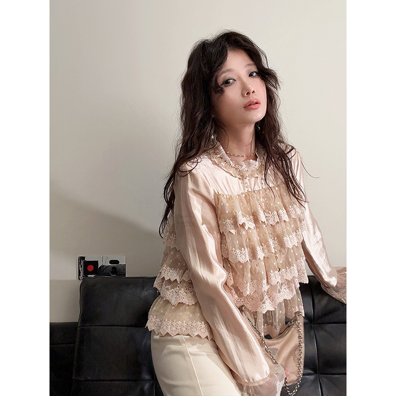 Designer Women's Acetate Spliced Lace Layered Cake Ruffle Shirt