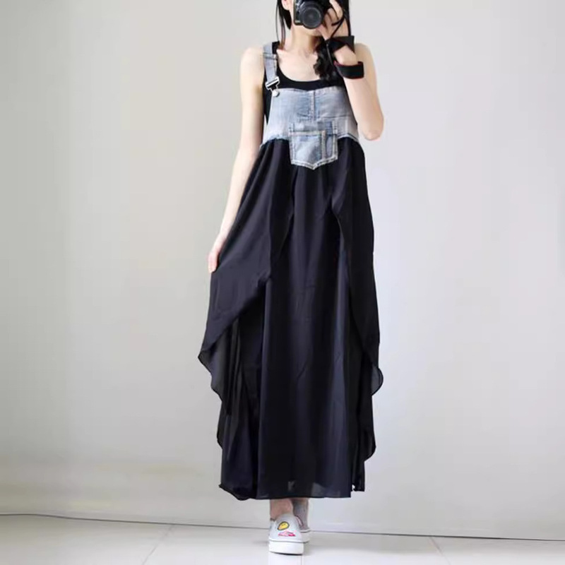 New Fashionable Ruffled Long Skirt Loose European and American Large Size Denim Suspender Skirt Large Hem Dress Ready for Sale Amazon