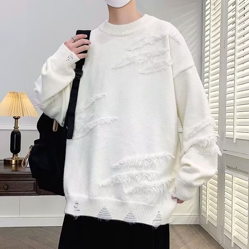 拼色圆领毛衣男秋冬季宽松潮牌保暖针织衫青少年慵懒风休闲打底衫|undefined