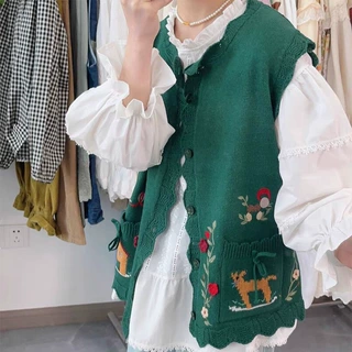 新款森系立体花朵针织马甲女宽松小清新甜美无袖坎肩毛衣背心女潮