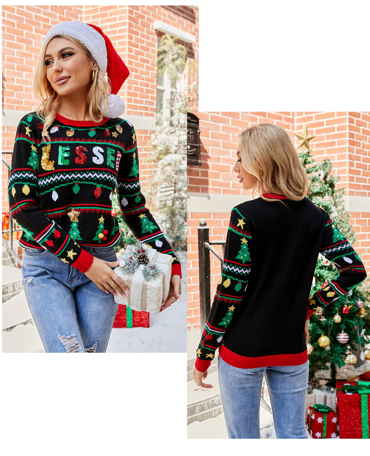 Christmas Embroidery Sequined Long-Sleeved Sweater NSYH97061