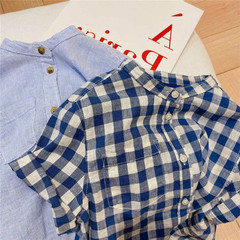 男女童夏裝短袖襯衫寶寶洋氣兒童個性潮港風韓版復古文藝格子襯衣