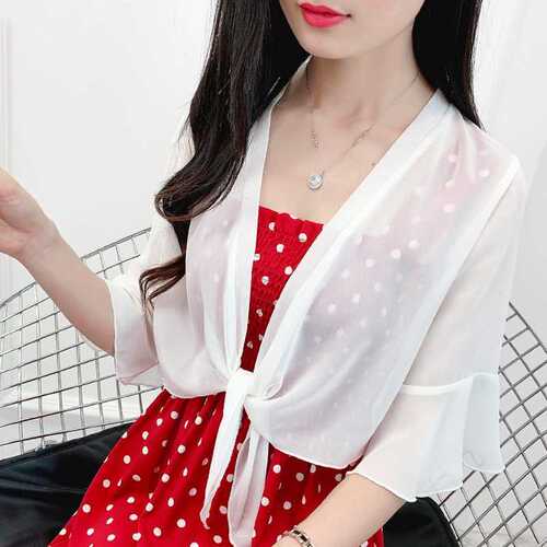 Sheer Sun Shirt with Shoulder Straps, Paired with a Sheer Scarf for Summer, Lightweight, Short-Sleeved, Open Top, Suitable for Matching with a Skirt