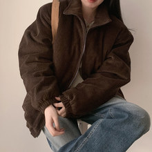 韩国chic秋冬减龄显肤白坑条设计宽松灯芯绒棉服短外套女装新款