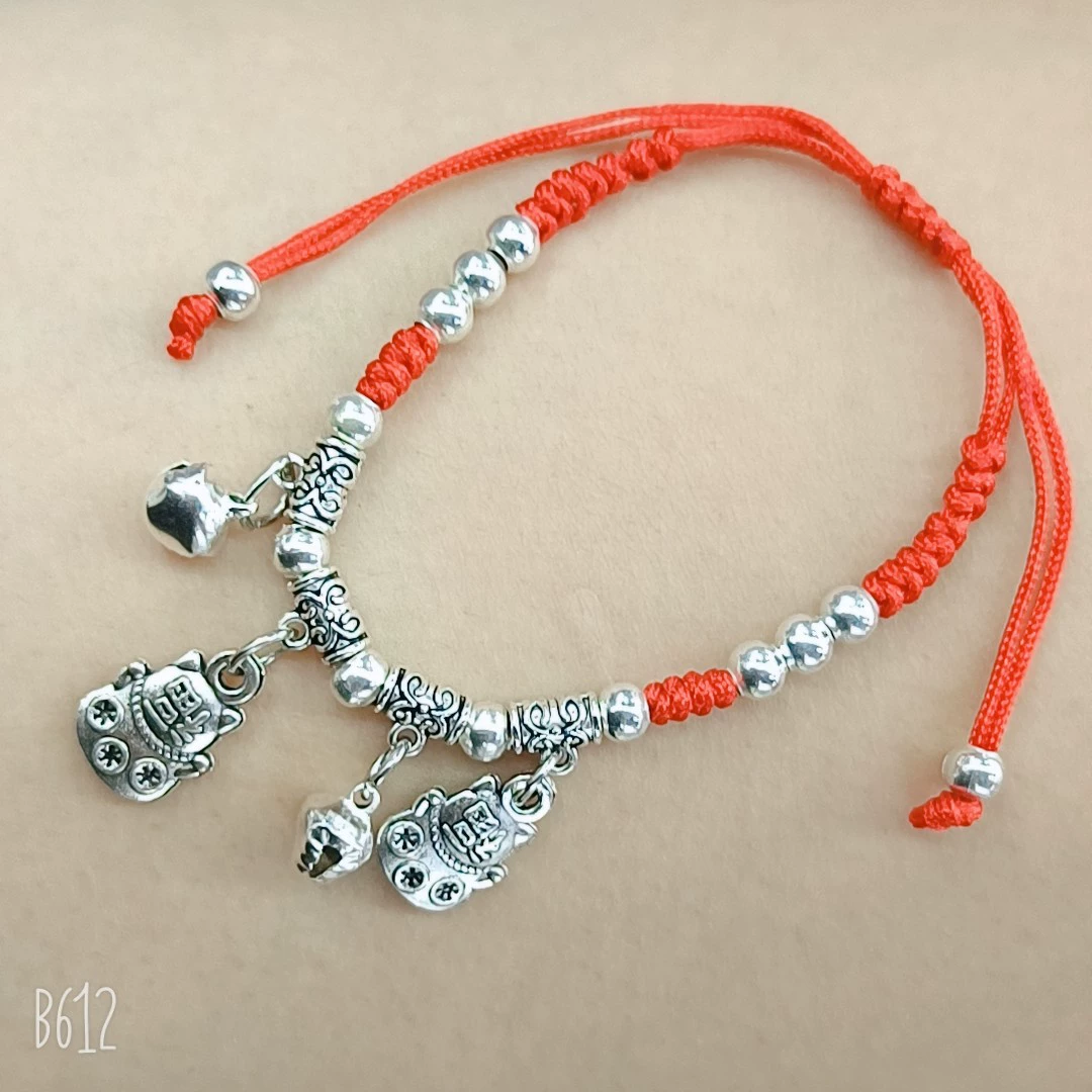 Woven Red Rope Bracelet, Miao/Tibetan Silver Alloy Charms, Ankle & Wrist, Multiple Styles