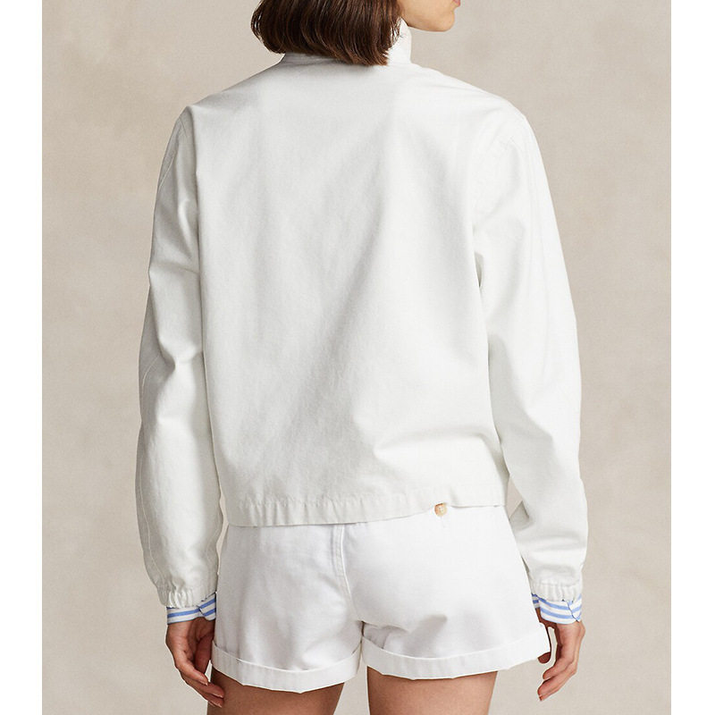 Áo khoác nữ vải canvas cotton dài tay thiết kế thêu họa tiết, khóa kéo, cổ bẻ — Giặt trắng