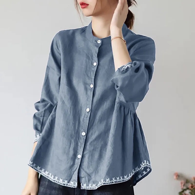 Spring and Summer Stand Collar Shirt Plus Size Cotton and Linen Long Sleeve Loose Top for Women