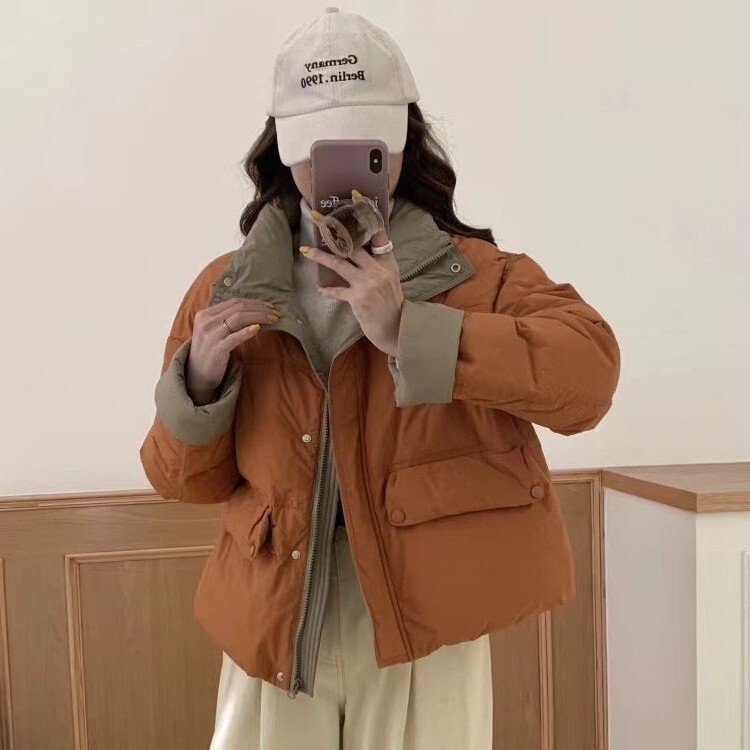 Jiaxing Pinghu 2025 New Contrasting Color Stitching Korean Dongdaemun down Jacket Women's Short Stand-Up Collar Loose Jacket