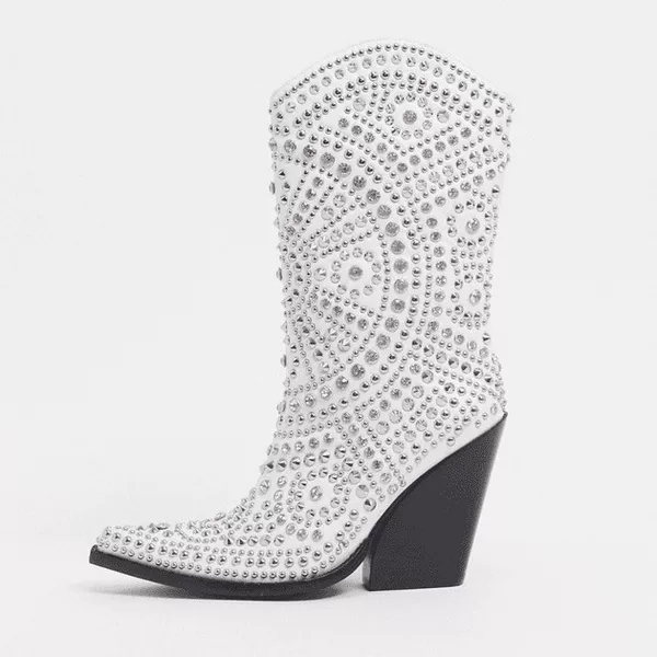 Cross-Border Independent Platform Ins Fashion Runway European Style Wedge Heel Pointed Toe Studded Fashion Calf-Length Boots for Women