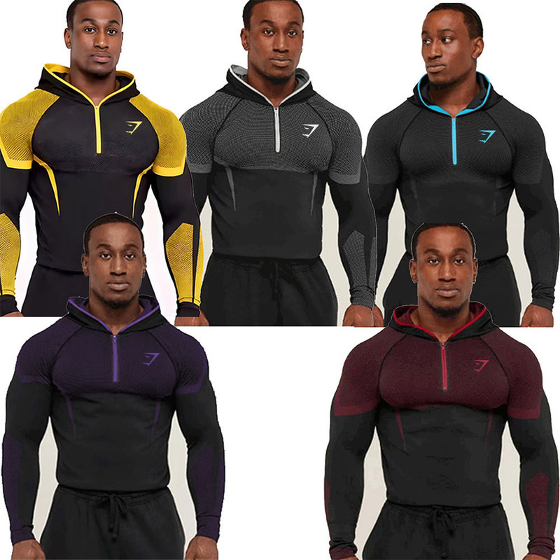 Men's Hooded Long-Sleeved Sports Fitness Quick-Drying Breathable Elastic Half-Zip Training Clothing Gymshark/Onyx5
