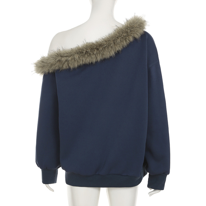 Street Furry Stitching Personality Diagonal Collar Loose Sweatshirt Sexy Sexy off Shoulder Casual Long Sleeves