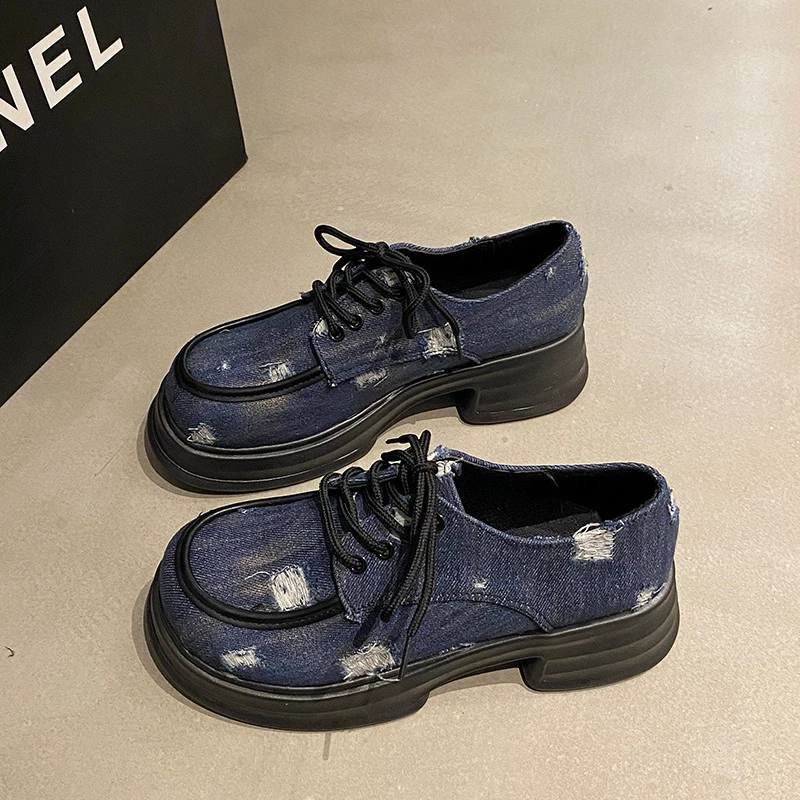 Женские лоферы на толстой подошве, новые осенние Универсальные джинсовые туфли на шнуровке в британском стиле на толстой подошве, 2023 года