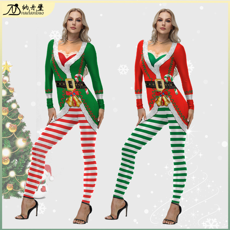 Spot Christmas Clothing Bell Stripes Digital Printing Jumpsuit Christmas Sexy Bodysuit Stage Yoga Wear