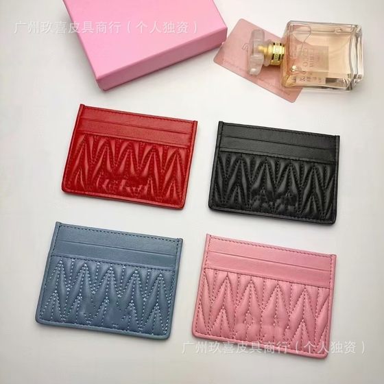 New Sheepskin Genuine Leather Women's Wallet Card Bag Pleated Card Bag Wallet Ultra-thin Ins Mini Portable Card Cover Card Bag