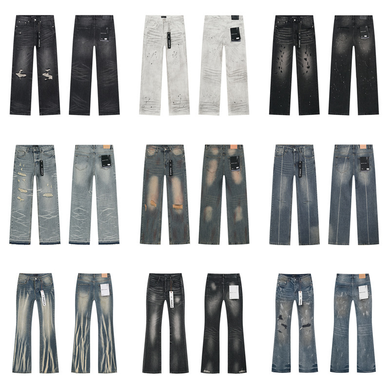 Cross-Border High-Quality Purple Flared Washed Vintage Ripped Jeans American High Street Fashion Straight-Leg Jeans