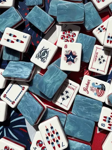 (Wholesale in Stock) American-Style Mahjong Tiles Marble Blue Acrylic Number 36 160 Pieces Patriotic Rocket Fireworks
