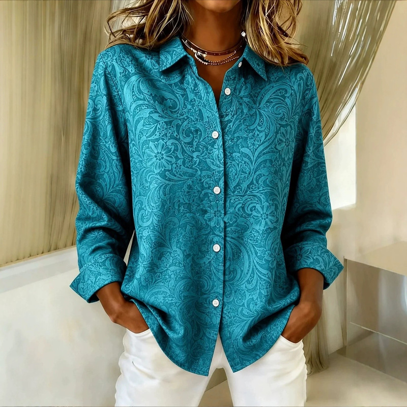 European and American women's long-sleeved shirt with a lapel collar, featuring a retro paisley floral print, single-breasted design, and a loose, casual fit suitable for work or everyday wear European and American women's long-sleeved shirt with a lapel collar, featuring a retro paisley floral print, single-breasted design, and a loose, casual fit suitable for work or everyday wear