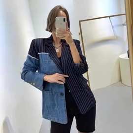 韩国新款春秋季韩版宽松西装上衣网红牛仔拼接女士短外套707款