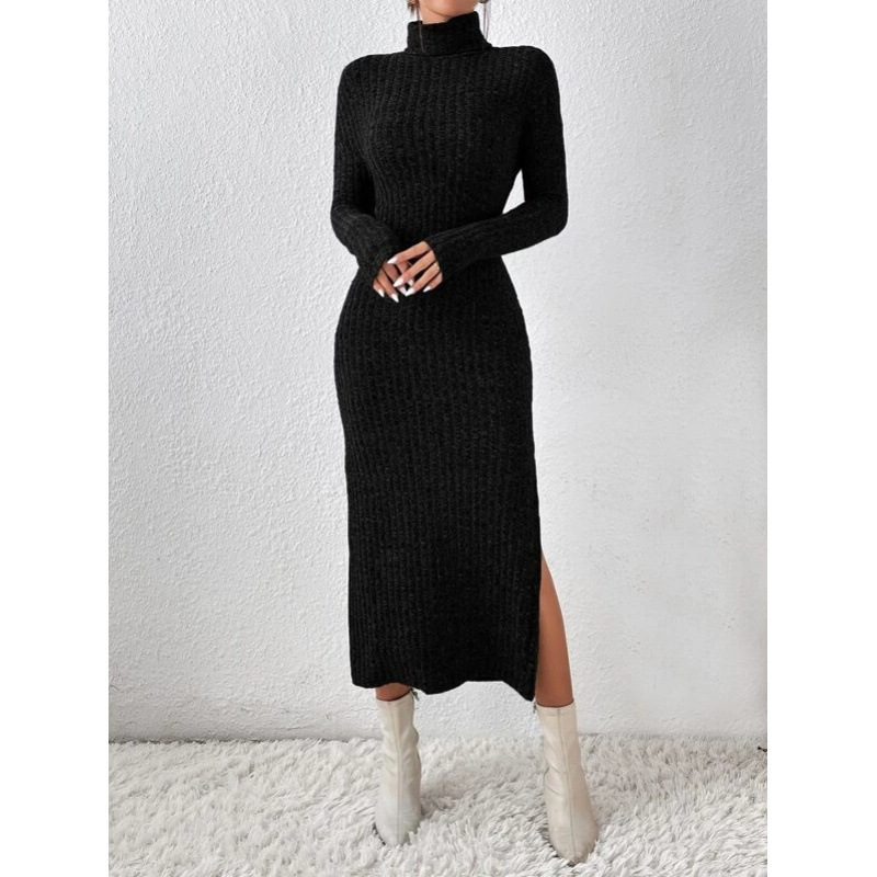 Women's High-Neck Ribbed Knit Mid-Length Dress — Autumn/Winter Long-Sleeve Slim Fit Knit Dress with Slit Women's High-Neck Ribbed Knit Mid-Length Dress — Autumn/Winter Long-Sleeve Slim Fit Knit Dress with Slit