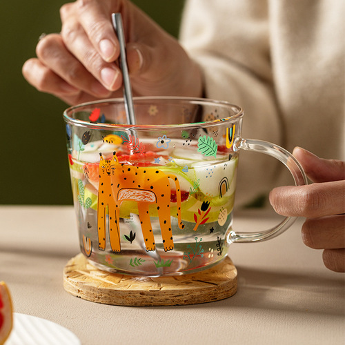 草原系列神兽玻璃杯早餐牛奶果汁饮料杯子高颜值带刻度喝水杯批发