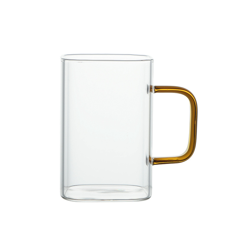 Taza de vidrio cuadrada simple taza de agua taza de vidrio de alta borosilicona al por mayor con mango de alta temperatura regalos comerciales de café