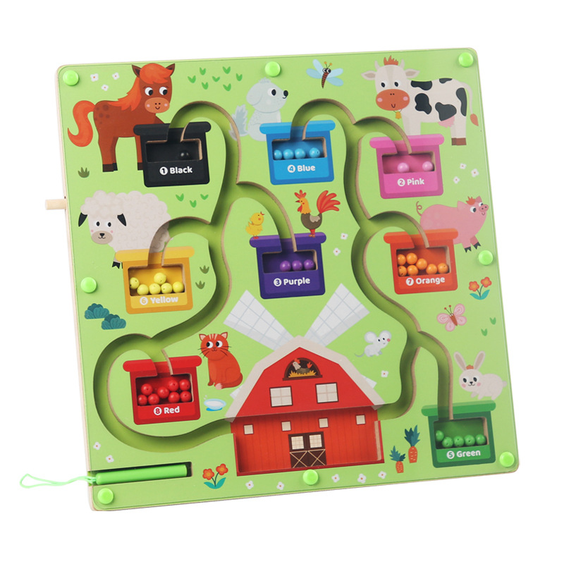 Aprendizaje de educación temprana de los niños de madera clasificación de color carta cognición graffiti tablero de dibujo Granja juego de laberinto de cuentas magnéticas