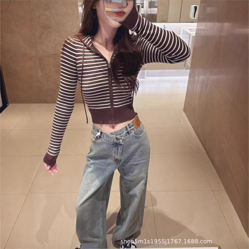 南油高品质 25秋季新款连帽条纹针织上衣女显瘦拉链开衫|undefined