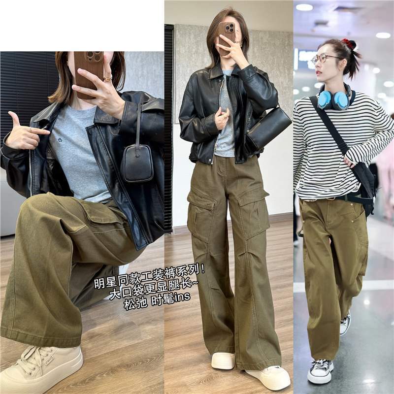 Miu Workwear Denim Functional Pants! Celebrity Liu Wen Style Casual Long Pants with Pockets, Hong Kong Style Wide-Leg Pants for Women