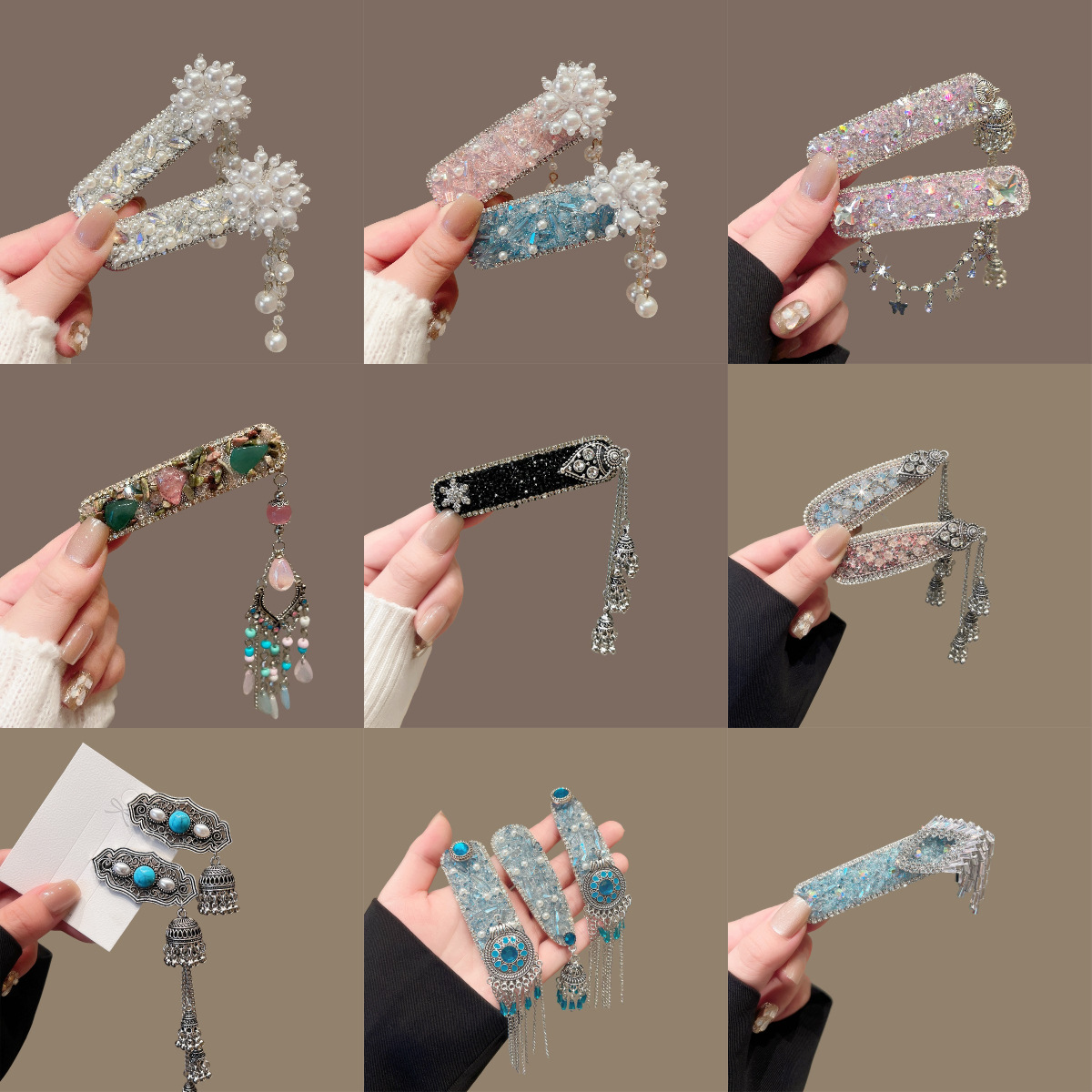 Jewel Blue ~ Healing Flash Diamond Pearl Famous Ethnic Style Fringe Fringe Edge Clip Female Personality Elegant Hairpin Hair Accessories