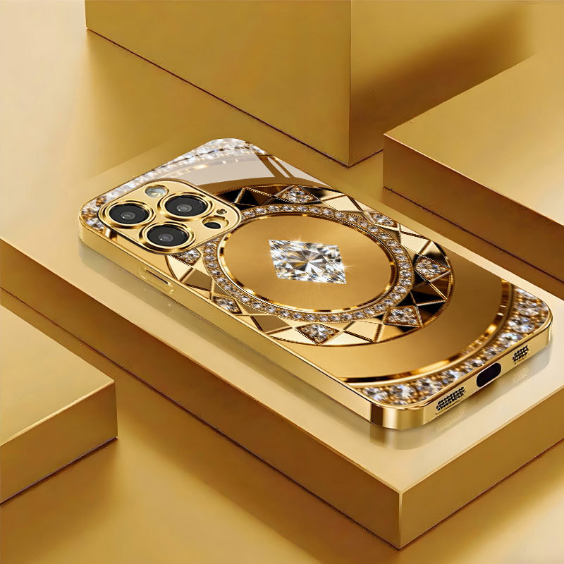 Gold Diamond-Encrusted Compass Electroplated Glass Case Suitable for Iphone16Promax Mobile Phone Case Apple 17/15/14Plus
