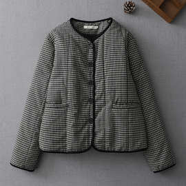 2025冬季新品文艺复古格子轻薄夹棉短款棉服女外套保暖双口袋上衣