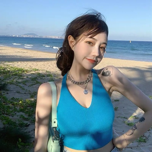 Hot girl halterneck lace-up camisole  new summer foreign trade off-shoulder pure lust wind ice silk knitted sleeveless top