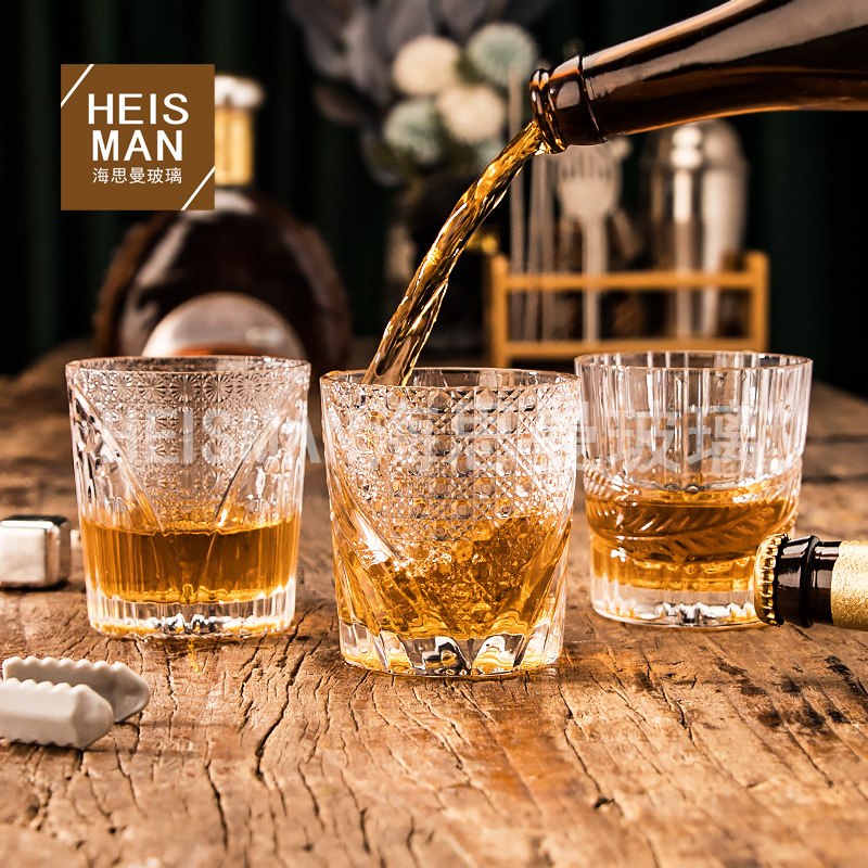 歐式刻花威士忌酒杯浮雕加厚玻璃杯酒吧雕花洋酒杯烈酒杯啤酒杯子
