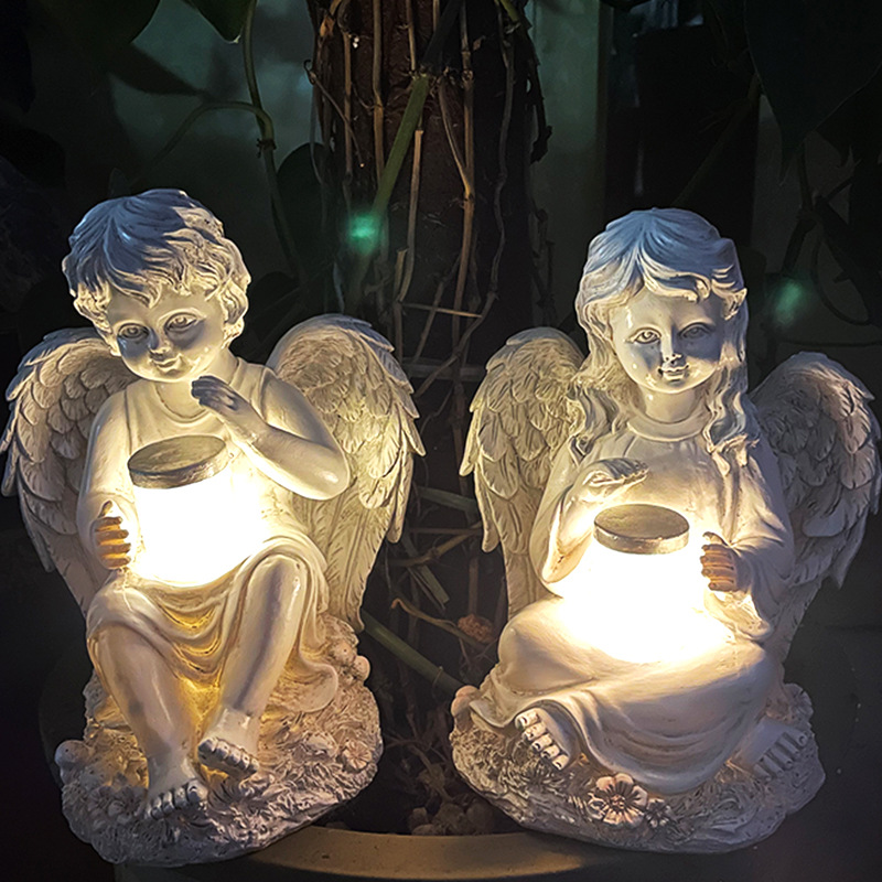  Garden Girl Angel Figurine Home Courtyard Solar-Powered Boy Resin Decorative Statue Creative Gift