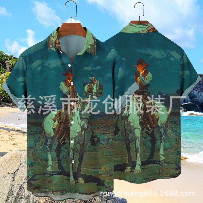 3D Wrangler printed half sleeve Amazon AliExpress wish new European and American pocket shirt foreign trade new men