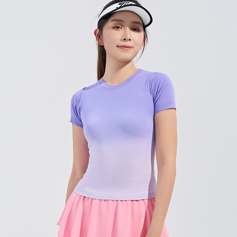 Verano nuevo deporte frío gradiente al aire libre yoga acondicionamiento físico mangas cortas delgado running overhead camiseta