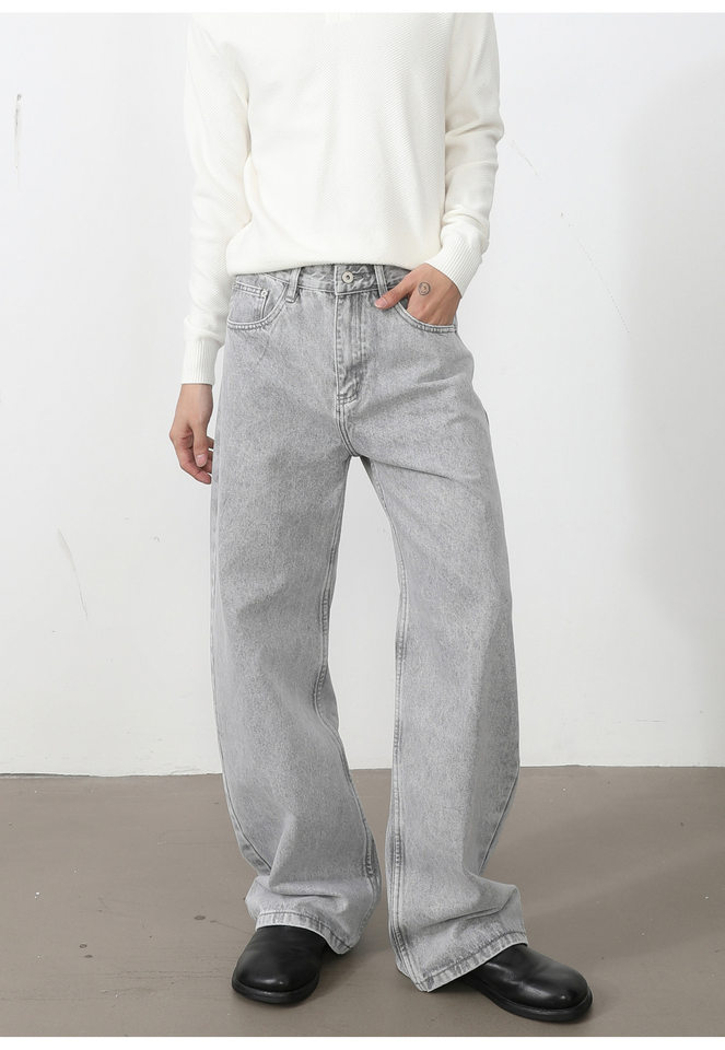 Quần jean nam ống rộng dáng suông thoải mái kiểu Mỹ, vải denim xử lý giặt mài, lưng trung, dài quần — Xanh da trờicolor, Xám đen, màu xám nhạt chi tiết 12