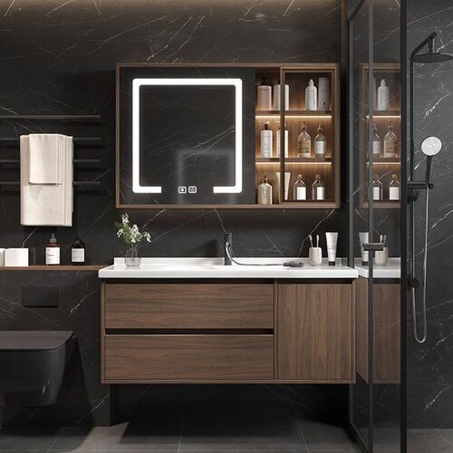 New Chinese-style bathroom cabinet and sink combo, walnut color ceramic integrated sink, one-piece Chinese-style toilet bathroom cabinet