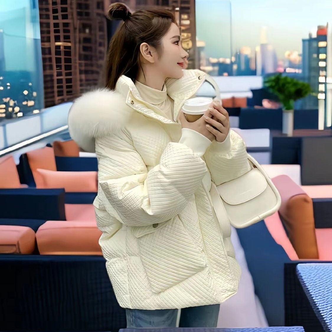 2026 Winter Fashion Stylish Korean-Style down Jacket with Large Fur Collar, Slim Fit, Loose Women's Clothing