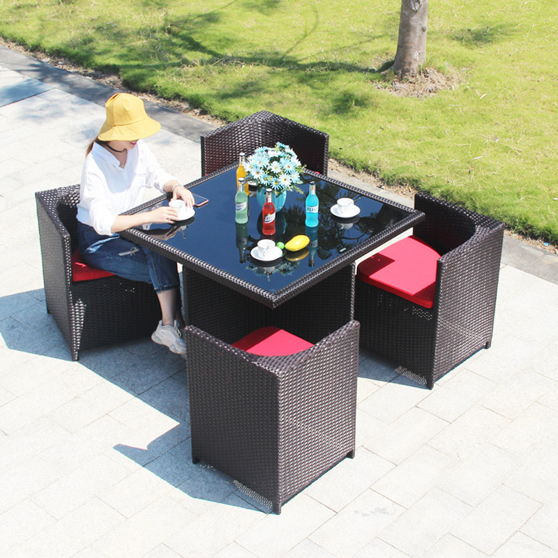 Outdoor table and chair set, rattan chair, five-piece set, outdoor garden, woven dining table and chair set, woven rattan chair, waterproof and sun-resistant, storage-friendly