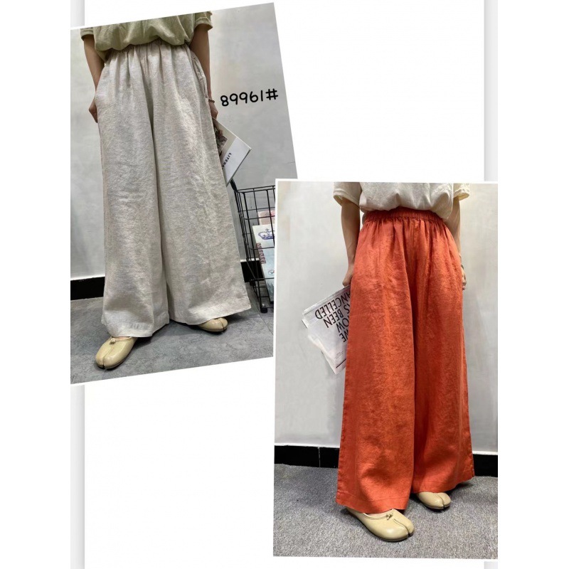 cz复古亚麻松紧腰休闲裤2022夏季直筒裤宽松休闲阔腿裤女百搭