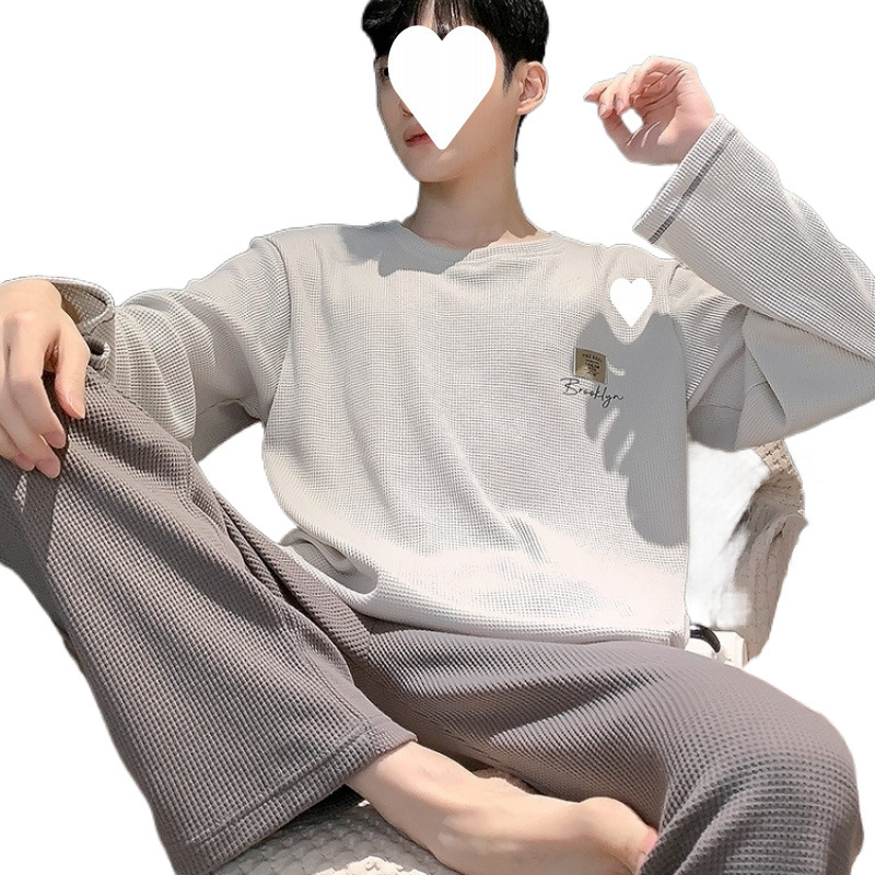 2024 남성용 새로운 스타일 잠옷 봄, 가을 긴팔 루즈 슈트 청소년 와플 중년 가정복