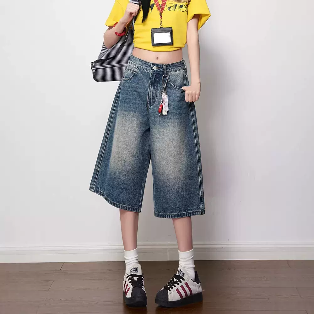 复古蓝七分牛仔裤女2026年春夏新款做旧磨白设计宽松休闲阔腿裤子