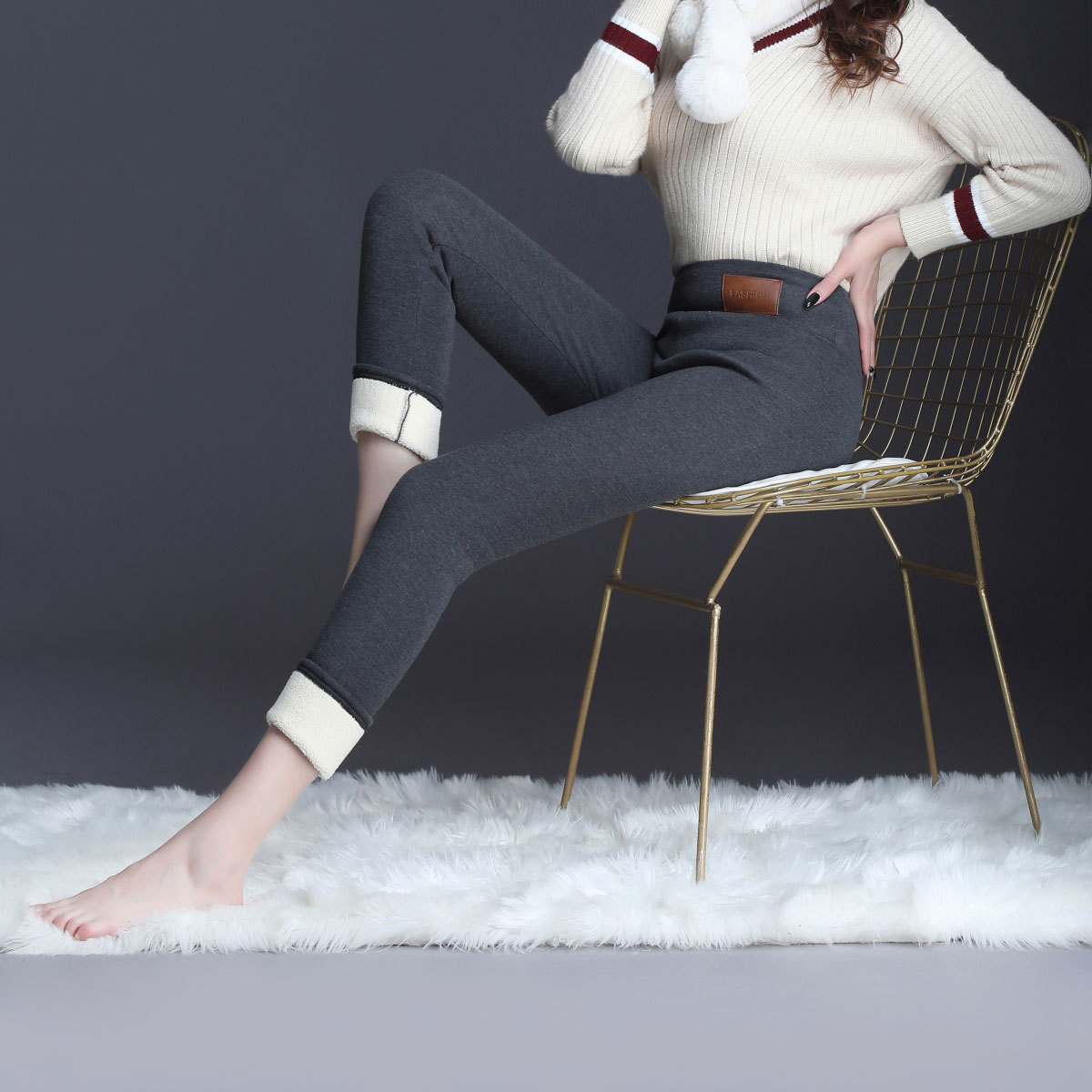Gruesa lana de cordero forrada polainas forradas ropa exterior de las mujeres de invierno de cintura alta Gatito Negro apretado pantalones calientes